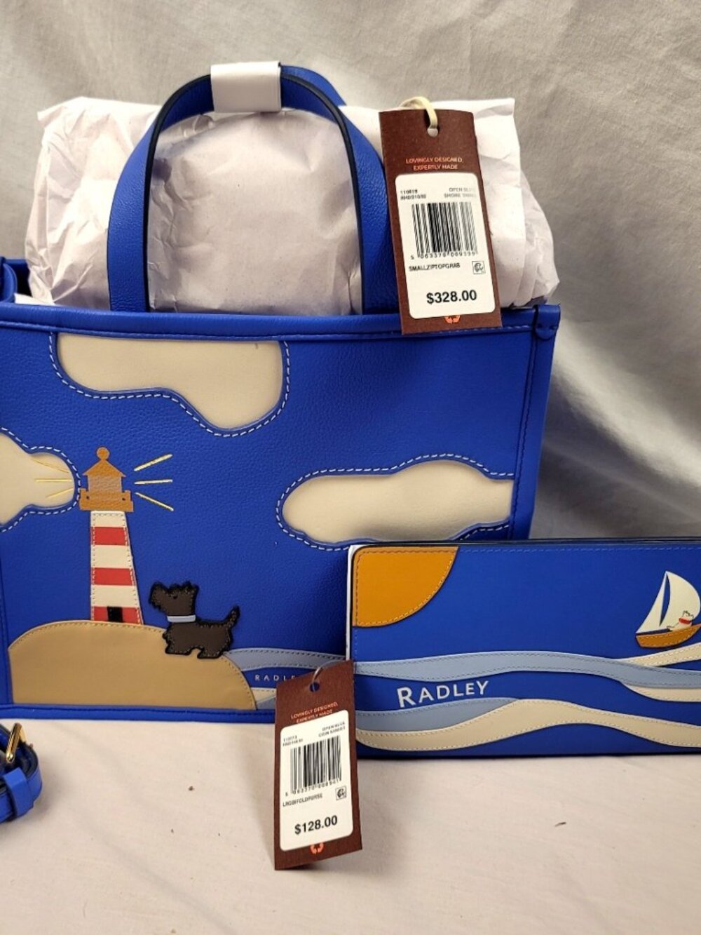 2 pc. RADLEY LONDON SHORE THING LIGHTHOUSE/SHIP/OCEAN SHOULDER BAG PURSE WALLET